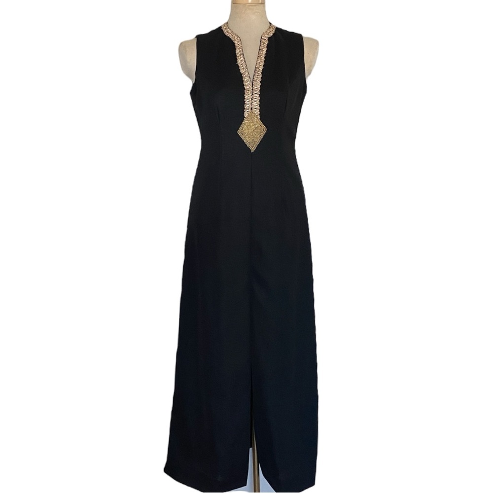 70s True Vintage Long Black Formal Column Dress With Gold Accent Detailing 2-4 S